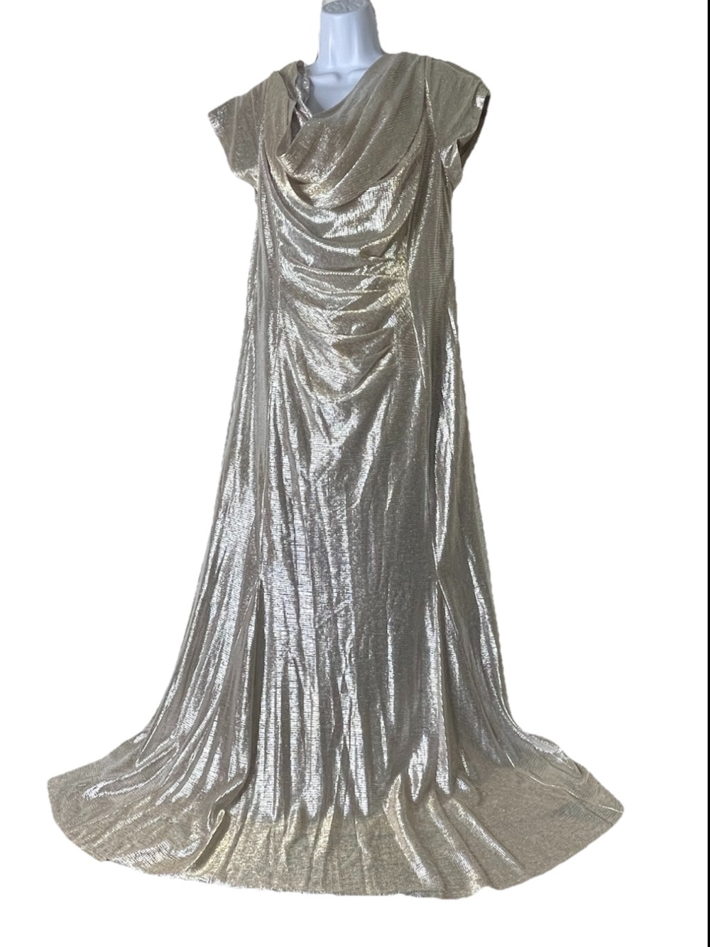 Tahari ASL Metallic Silver Cowl Neck Ruched Gown 16W